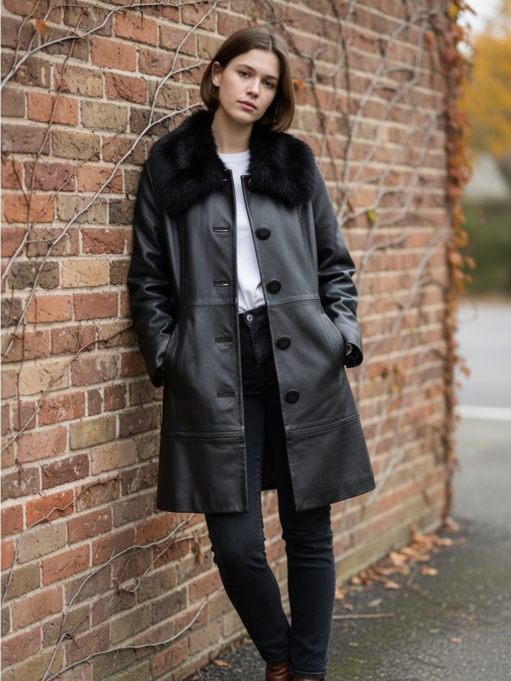 Vintage Leather Coat w/ Fur Collar Black M 90s